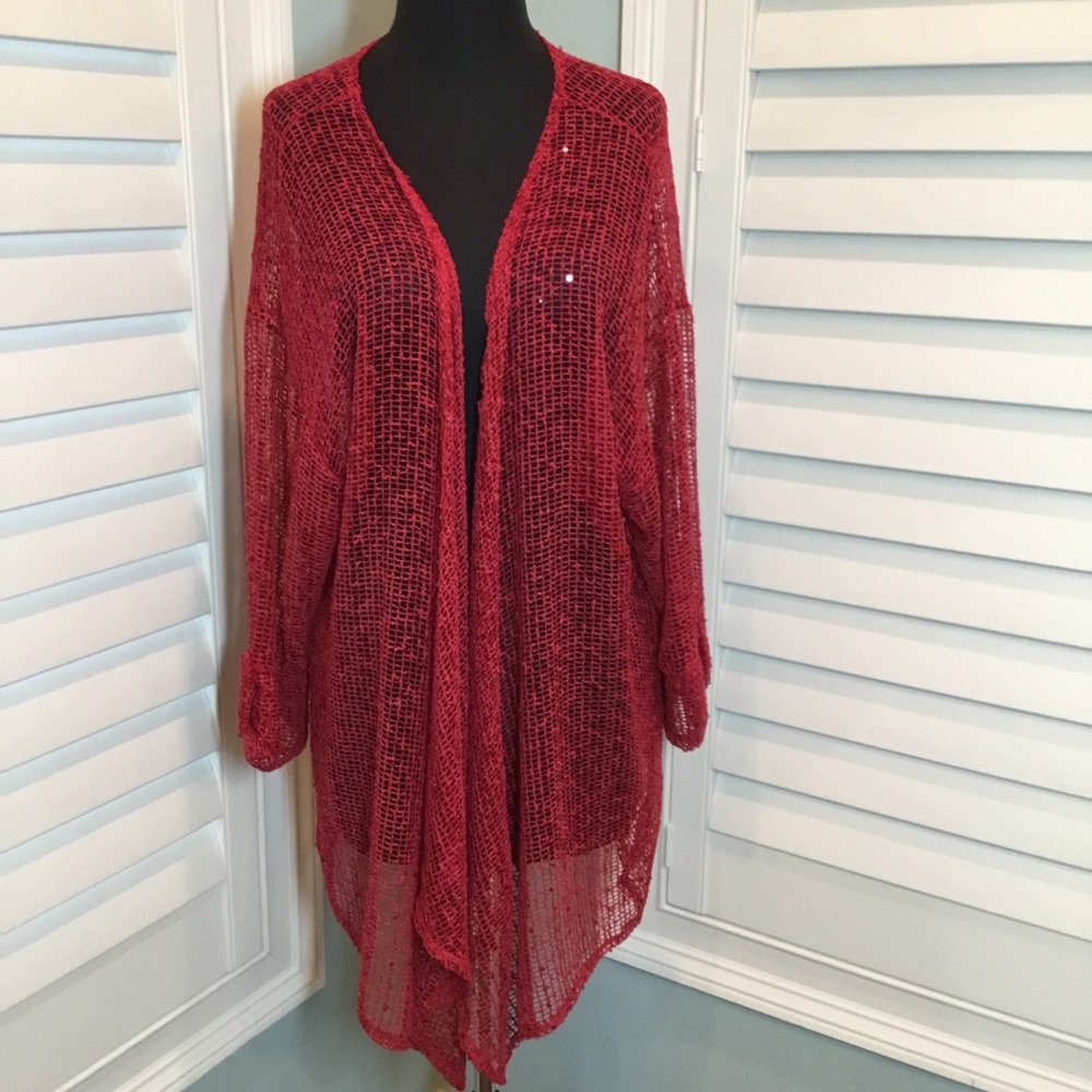 Deep Red Loose Knit Cardigan w/ Rhinestones  XL